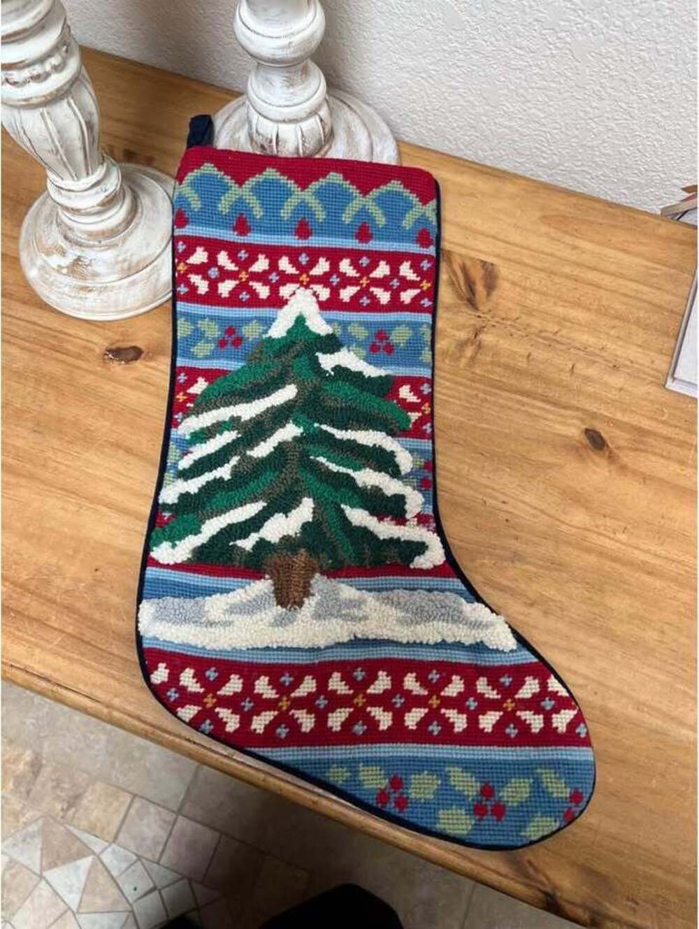 Vintage Cross stitch Wool Crewel & Blue Velvet Christmas stocking Christmas Tree